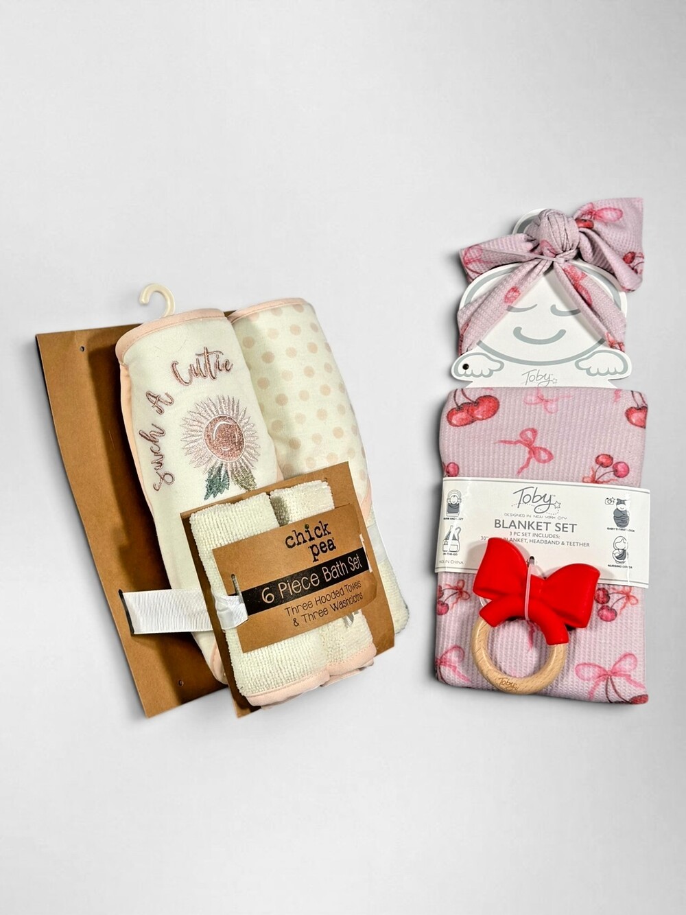 Baby Girl Gift Set Toby Cherry Blanket Teether + Chick Pea Bath Set